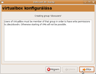 Virtualbox konfigurálása, második lépés.